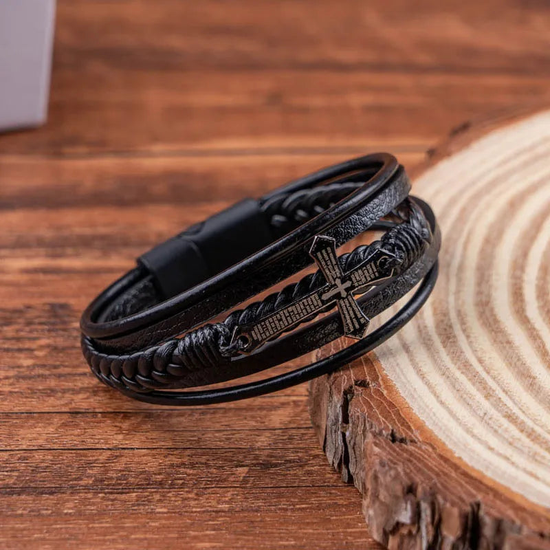 Bible Verse Cross Leather Cuff Bracelet | Men's Multi-Layer Braided