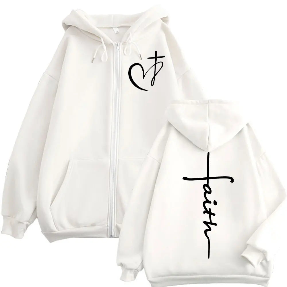 Faith Over Fear Christian Zip-Up Hoodie | Heart Cross Print