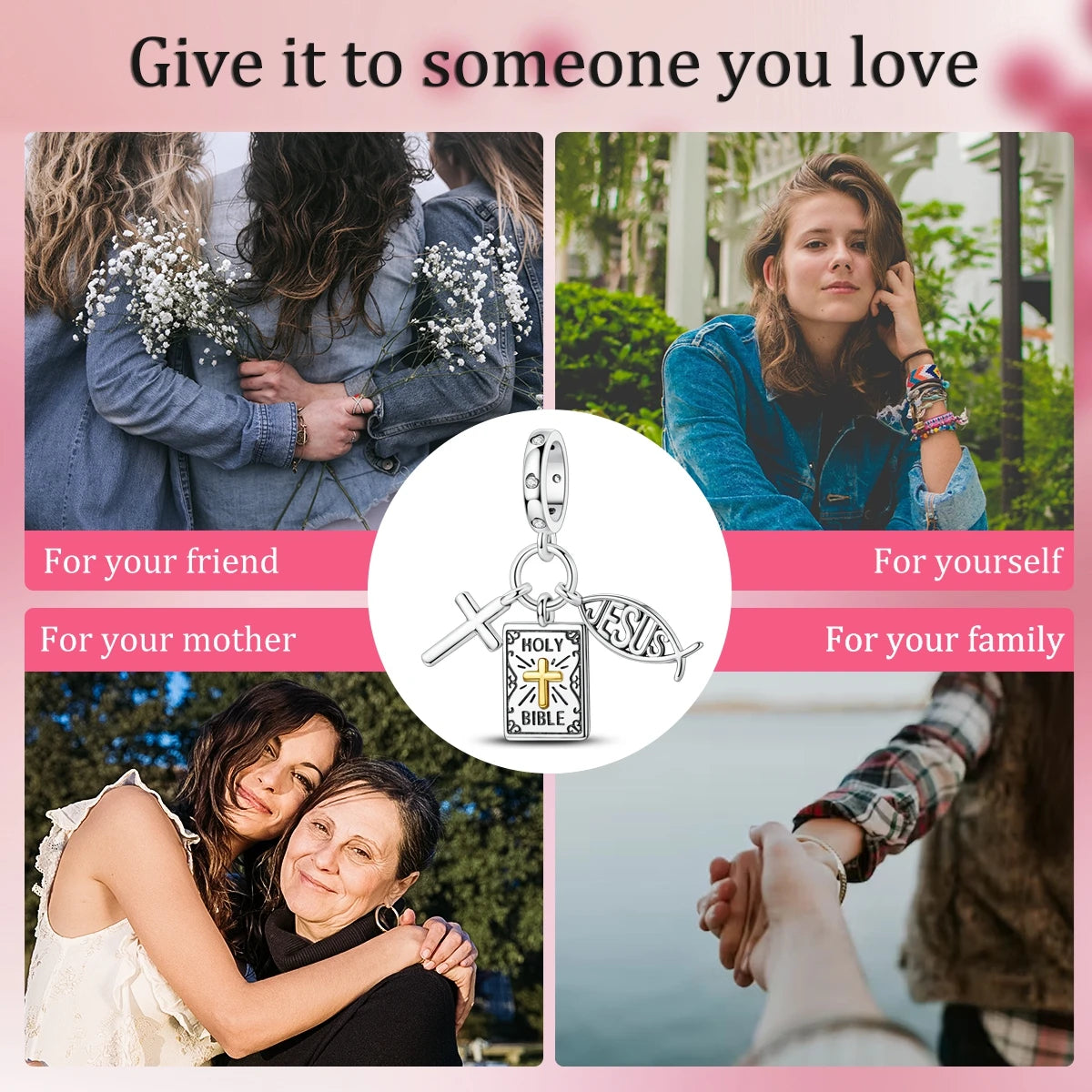 925 Silver Bible Cross Jesus Charm Pendant for Bracelets