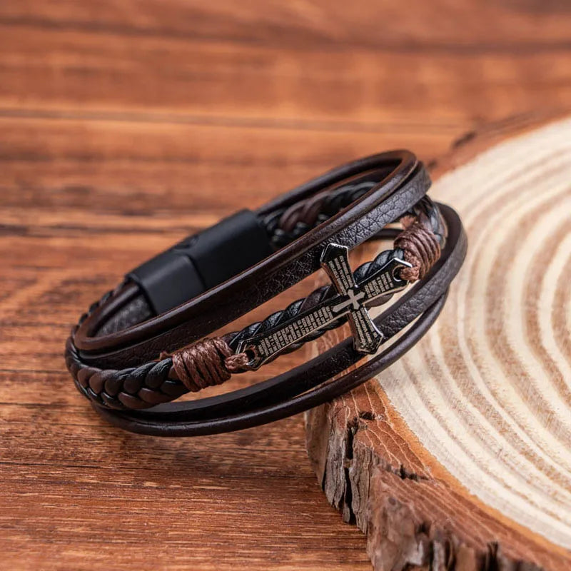 Bible Verse Cross Leather Cuff Bracelet | Men's Multi-Layer Braided