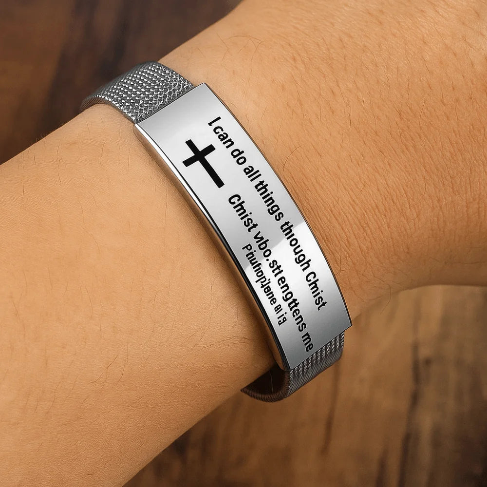 Bible Verse Cross Bracelet | Stainless Steel Inspirational Jewelry