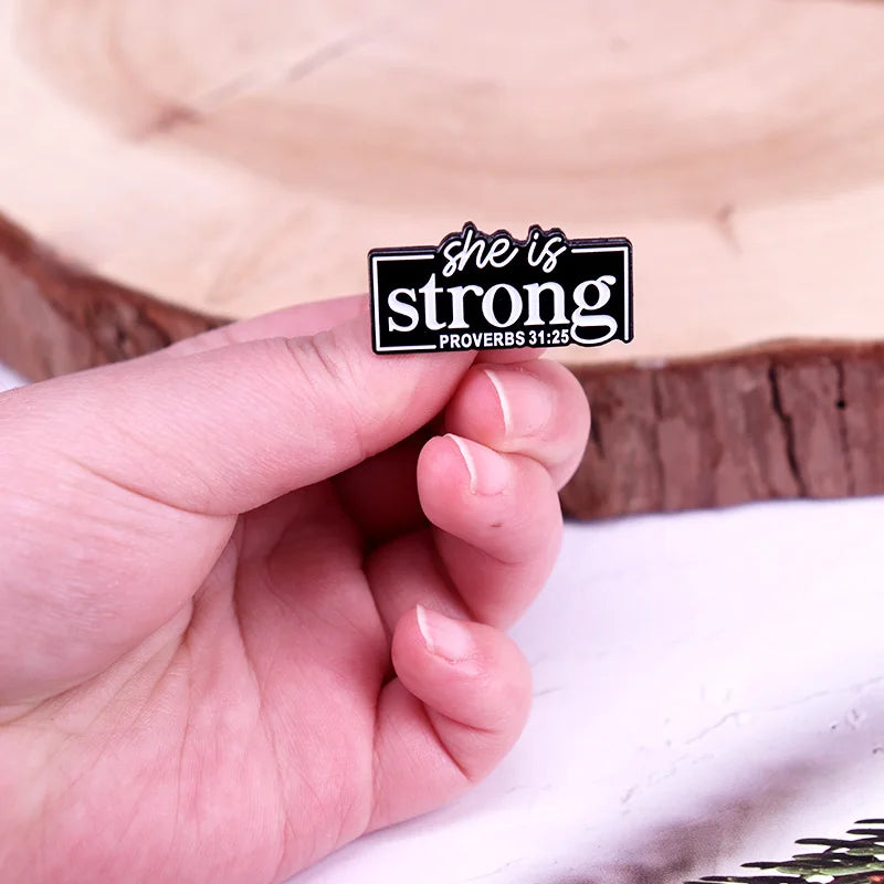 She Is Strong Proverbs 31:25 Enamel Pin | Christian Brooch Badge