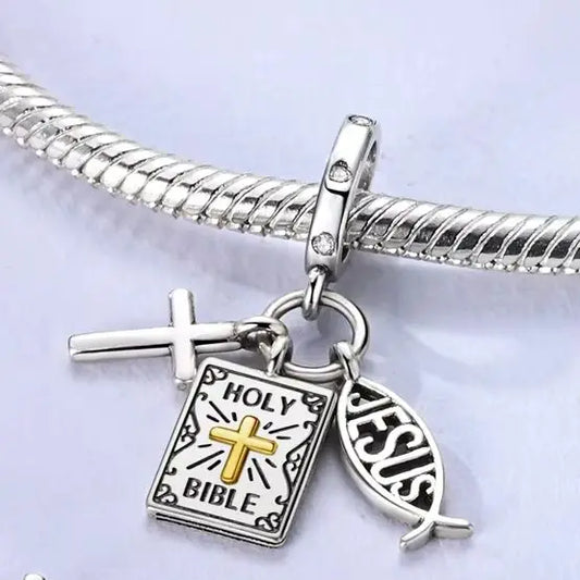 925 Silver Bible Cross Jesus Charm Pendant for Bracelets