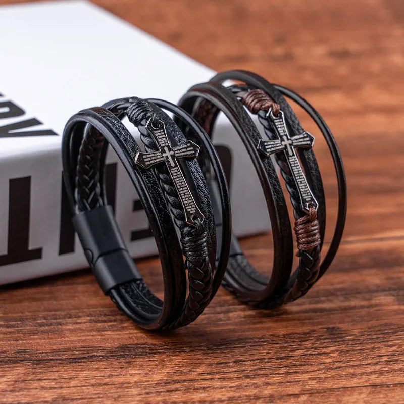 Bible Verse Cross Leather Cuff Bracelet | Men's Multi-Layer Braided