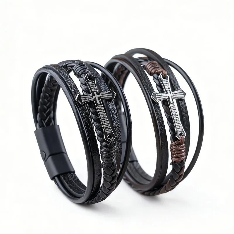 Bible Verse Cross Leather Cuff Bracelet | Men's Multi-Layer Braided