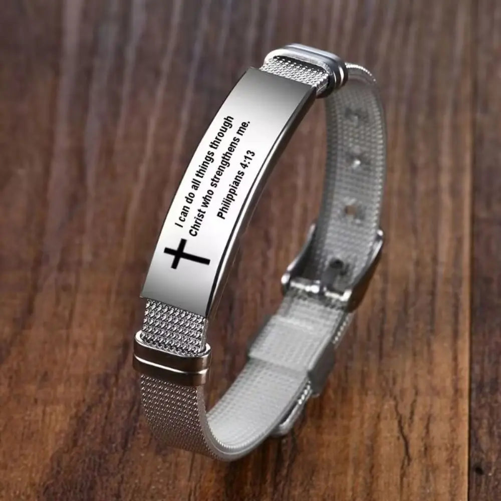 Bible Verse Cross Bracelet | Stainless Steel Inspirational Jewelry