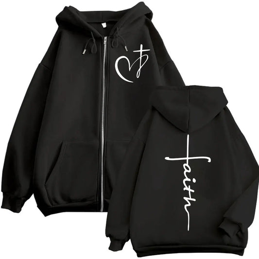 Faith Over Fear Christian Zip-Up Hoodie | Heart Cross Print